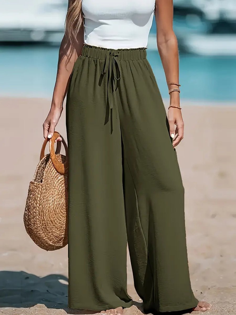 Women's High-Waist Drawstring Wide Leg Trousers Flowy Palazzo