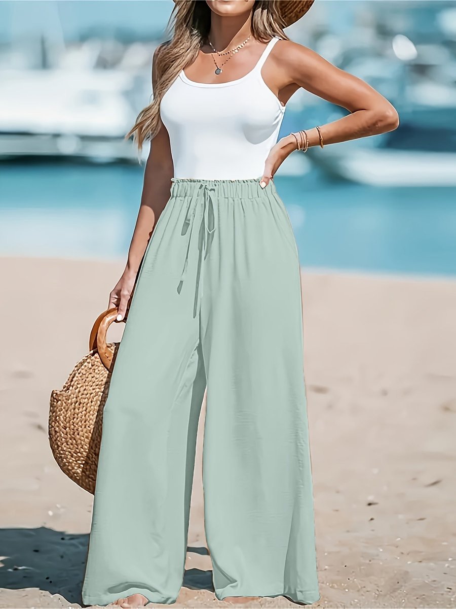 Women's High-Waist Drawstring Wide Leg Trousers Flowy Palazzo