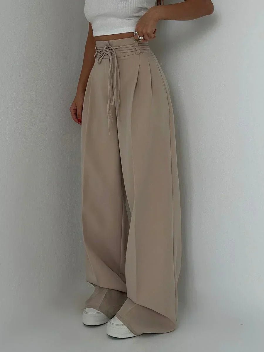 Women's High-Waist Drawstring Wide Leg Trousers Pleated Palazzo
