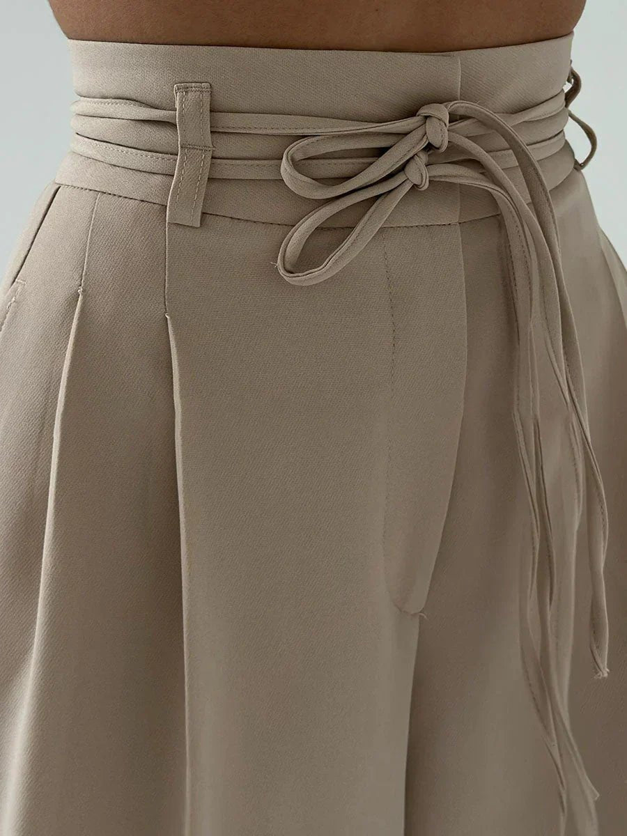 Women's High-Waist Drawstring Wide Leg Trousers Pleated Palazzo