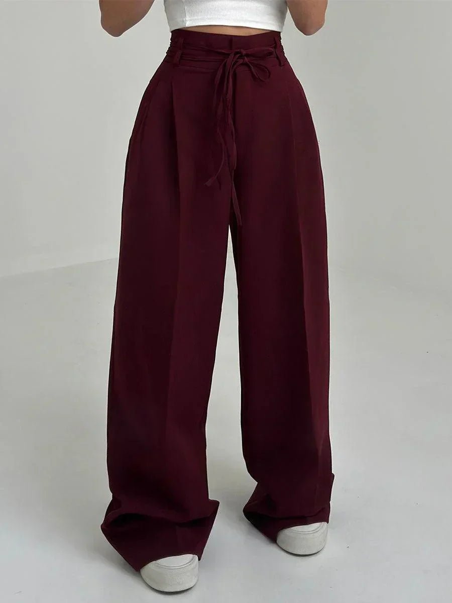 Women's High-Waist Drawstring Wide Leg Trousers Pleated Palazzo