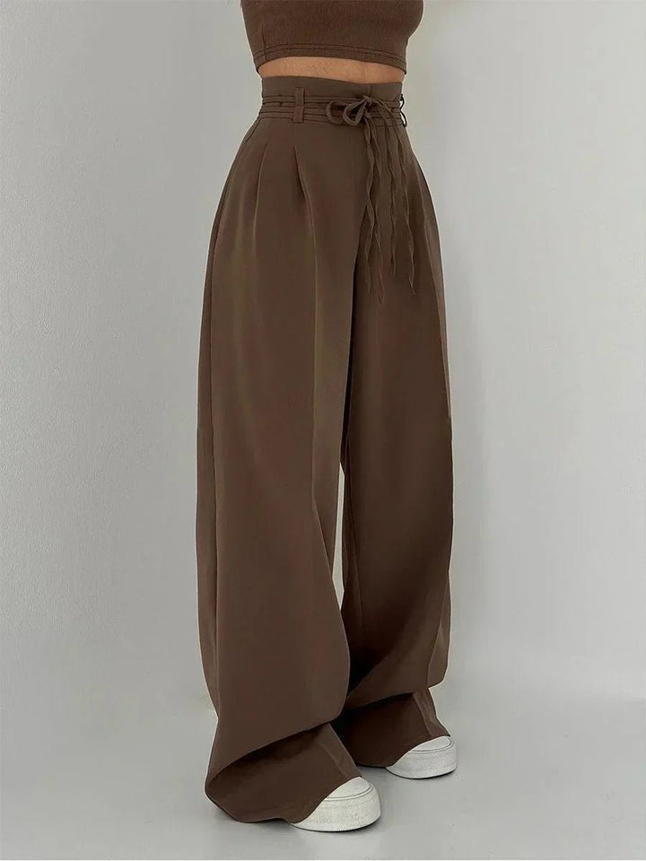 Women's High-Waist Drawstring Wide Leg Trousers Pleated Palazzo