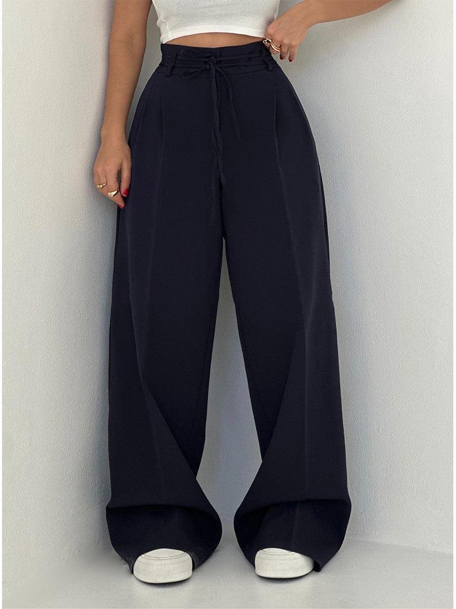 Women's High-Waist Drawstring Wide Leg Trousers Pleated Palazzo