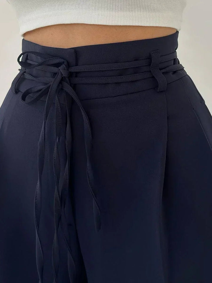 Women's High-Waist Drawstring Wide Leg Trousers Pleated Palazzo