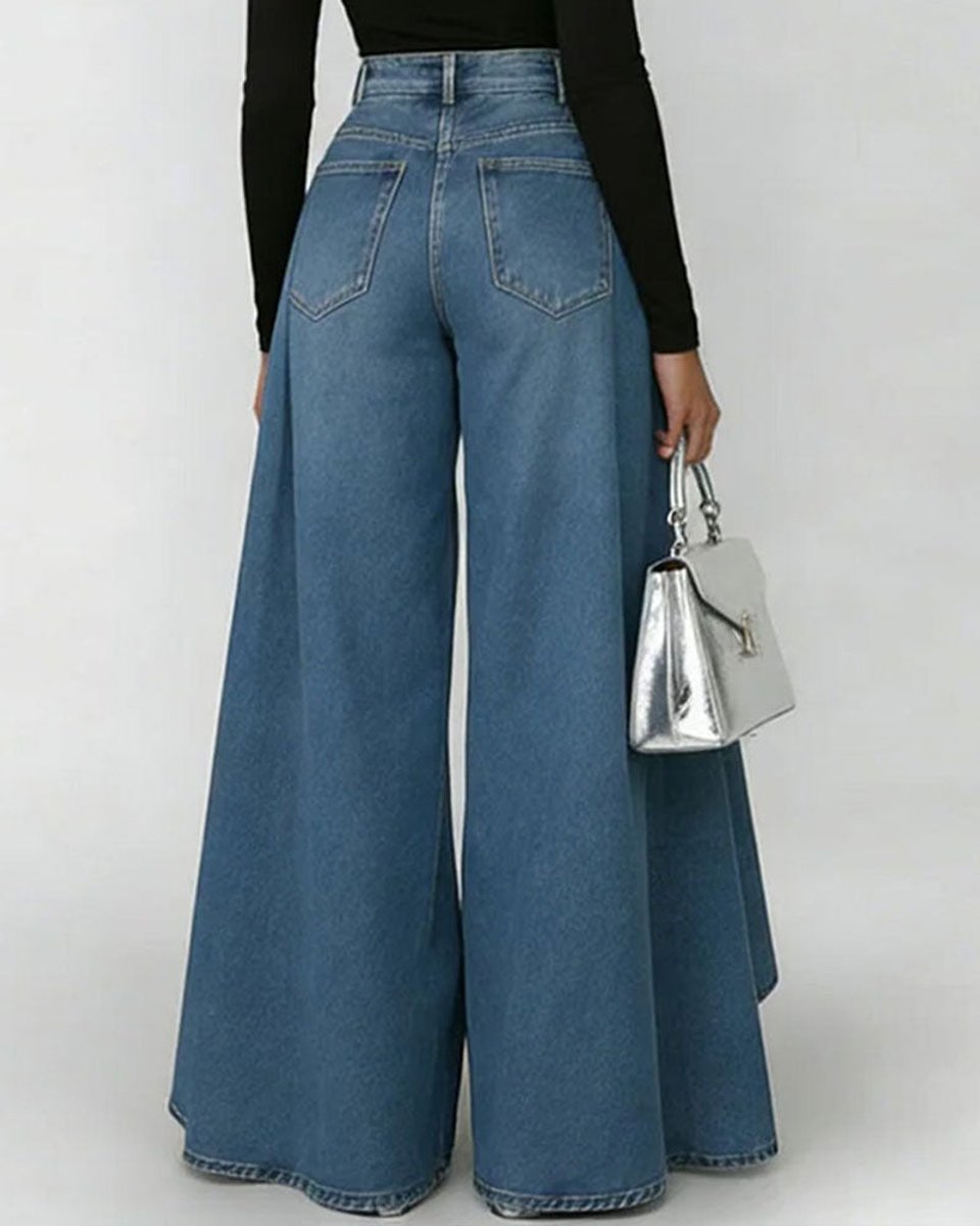 Women's High-Waist Flared Denim Wide Leg Trousers