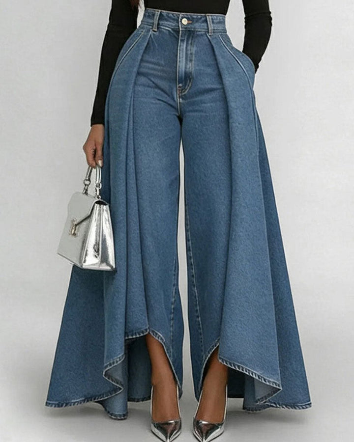 Women's High-Waist Flared Denim Wide Leg Trousers
