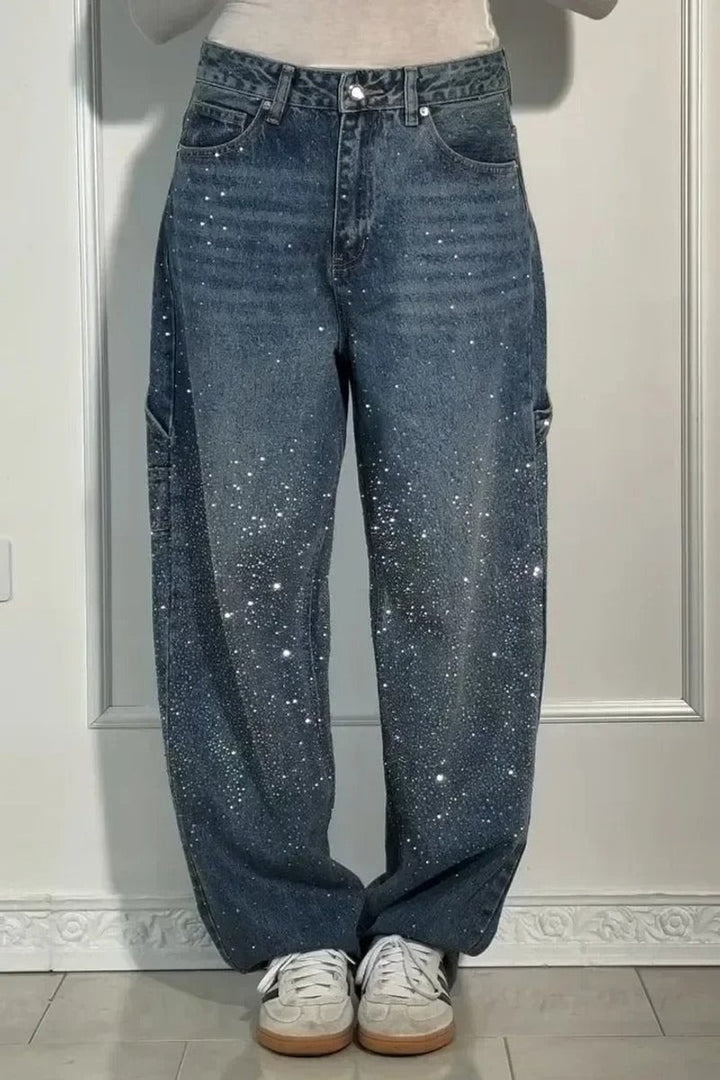 Women's High-Waist Glitter Splatter Wide Leg Trousers Button Pocket