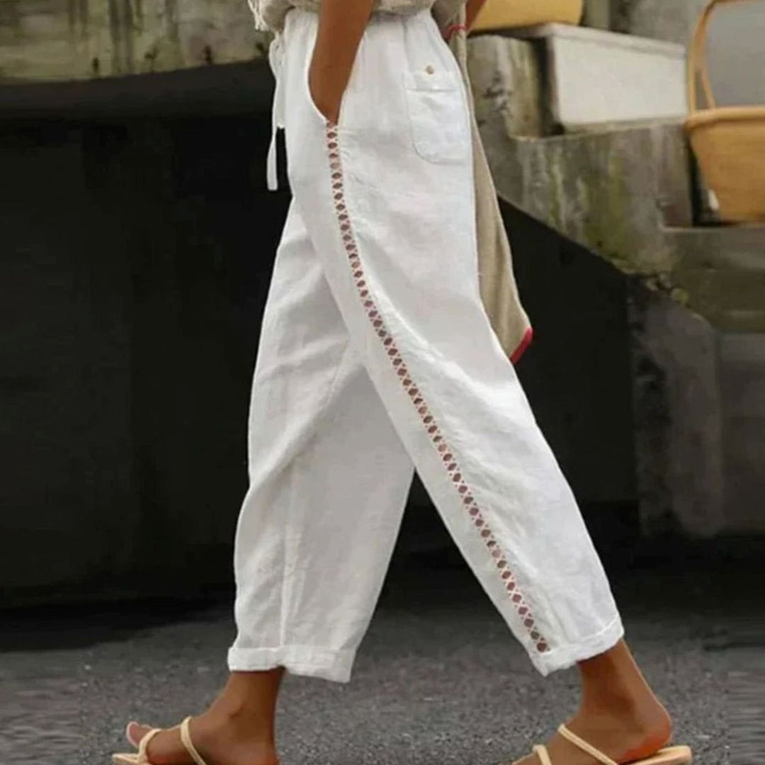 Women's High-Waist Linen-Look Tapered Side-Button Trousers