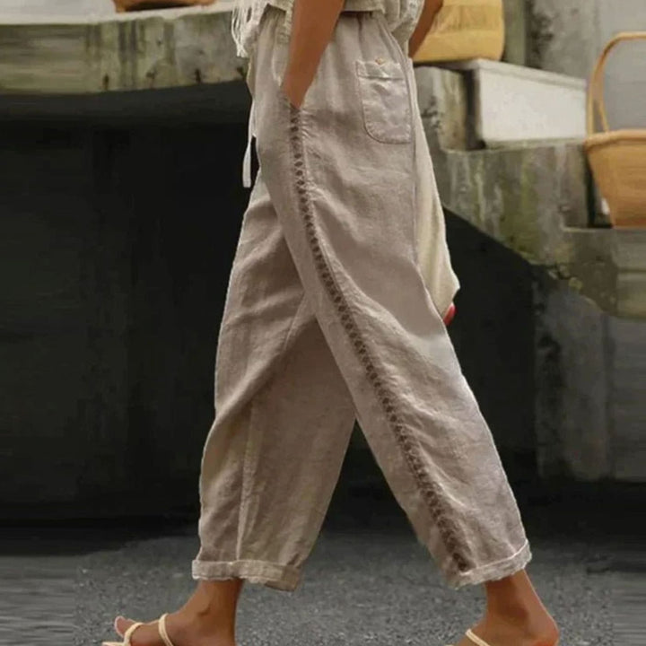 Women's High-Waist Linen-Look Tapered Side-Button Trousers
