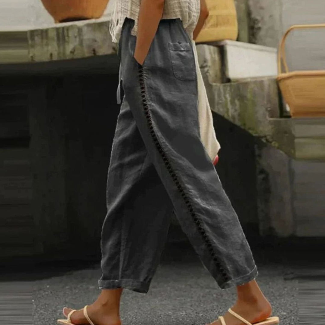 Women's High-Waist Linen-Look Tapered Side-Button Trousers