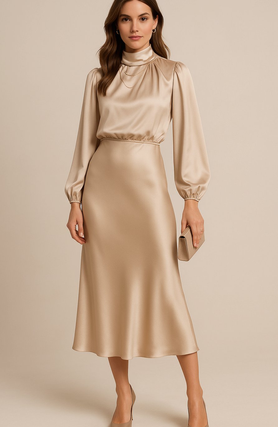 Women's High-Waist Mock-Neck Satin Midi Dress