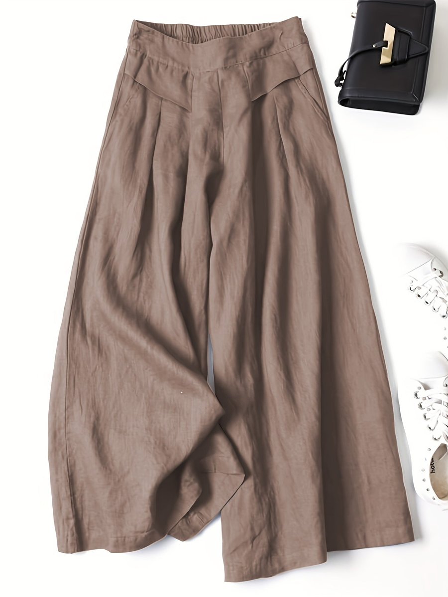 Women's High-Waist Pleated Linen Blend Wide Leg Trousers