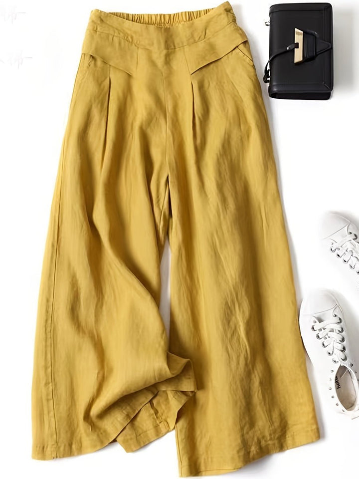 Women's High-Waist Pleated Linen Blend Wide Leg Trousers
