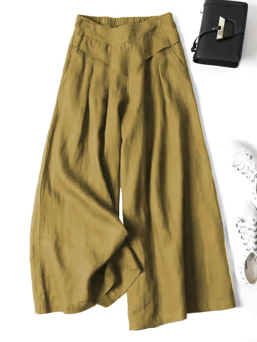 Women's High-Waist Pleated Linen Blend Wide Leg Trousers