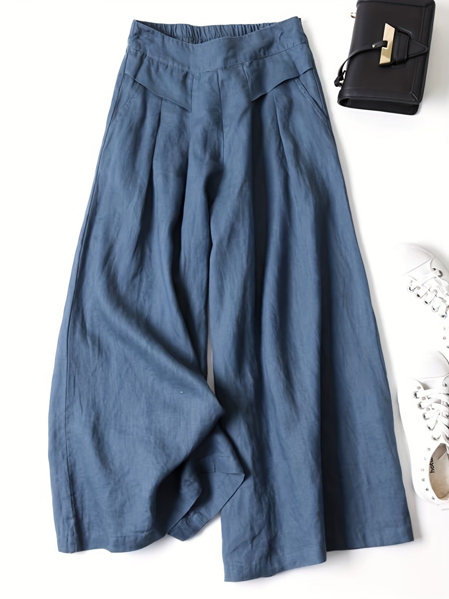 Women's High-Waist Pleated Linen Blend Wide Leg Trousers
