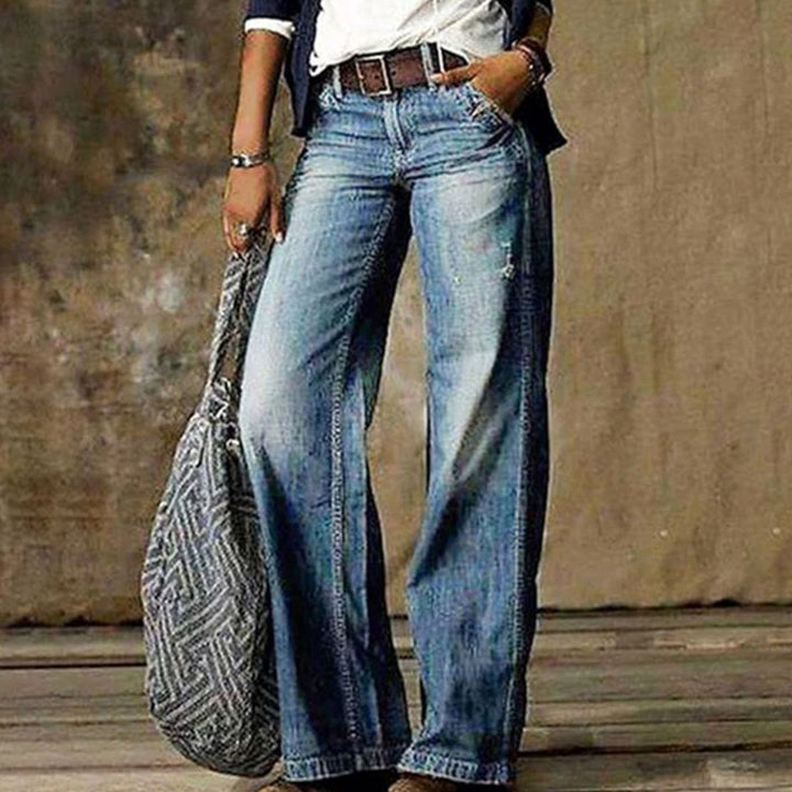 Women's High-Waist Relaxed Wide-Leg Jeans Faded Denim Flare Trousers - Light Blue