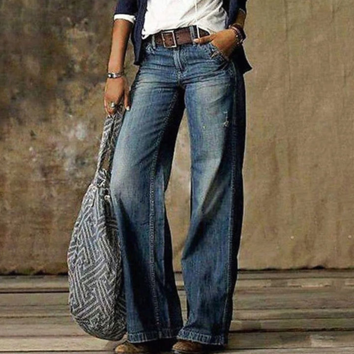 Women's High-Waist Relaxed Wide-Leg Jeans Faded Denim Flare Trousers - Blue