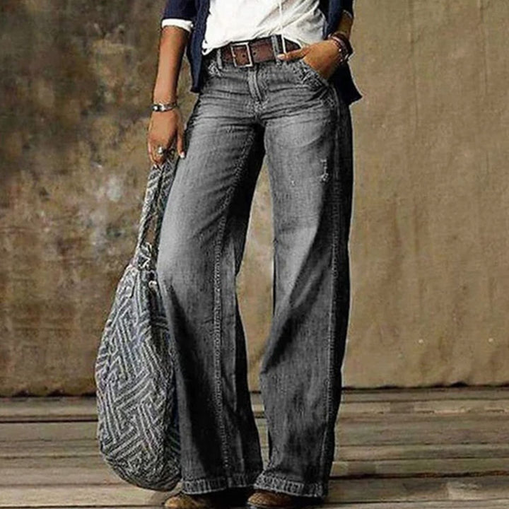 Women's High-Waist Relaxed Wide-Leg Jeans Faded Denim Flare Trousers - Light Grey