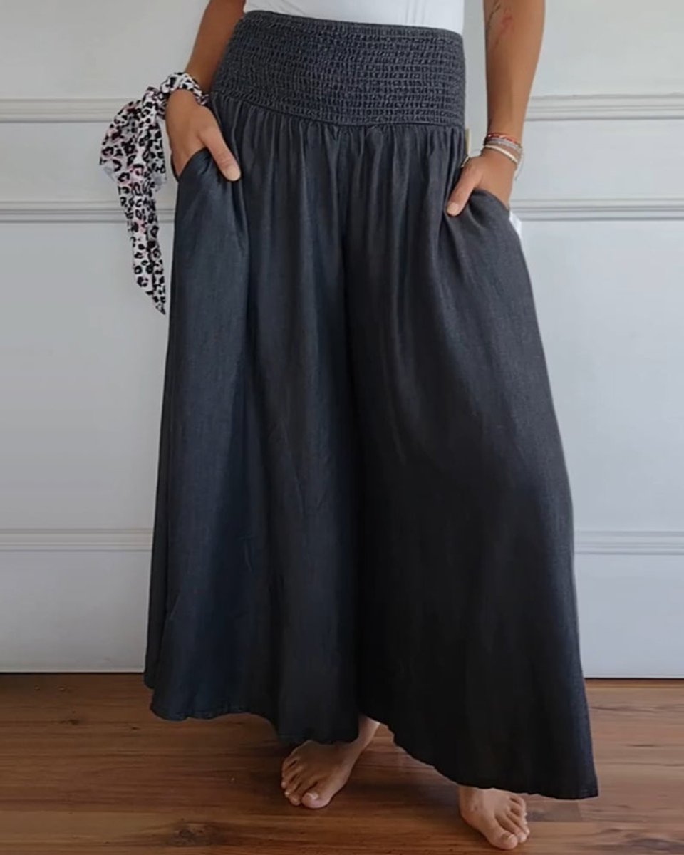 Women's High-Waist Smocked Flowy Wide Leg Trousers Full Length