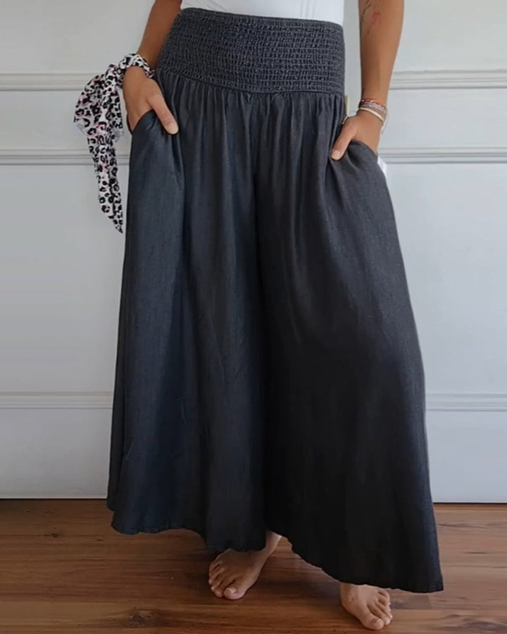 Women's High-Waist Smocked Flowy Wide Leg Trousers Full Length