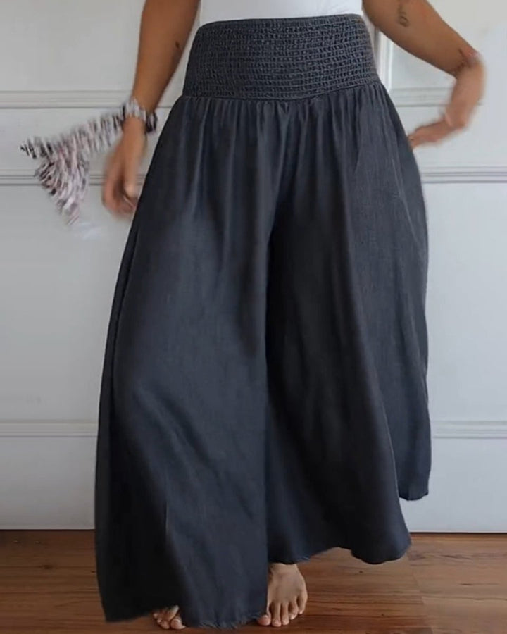 Women's High-Waist Smocked Flowy Wide Leg Trousers Full Length