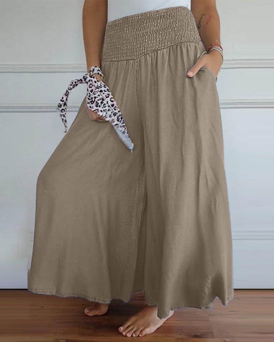 Women's High-Waist Smocked Flowy Wide Leg Trousers Full Length