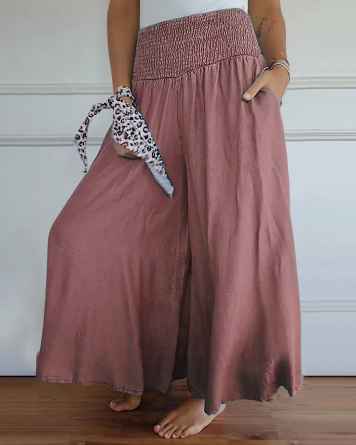 Women's High-Waist Smocked Flowy Wide Leg Trousers Full Length