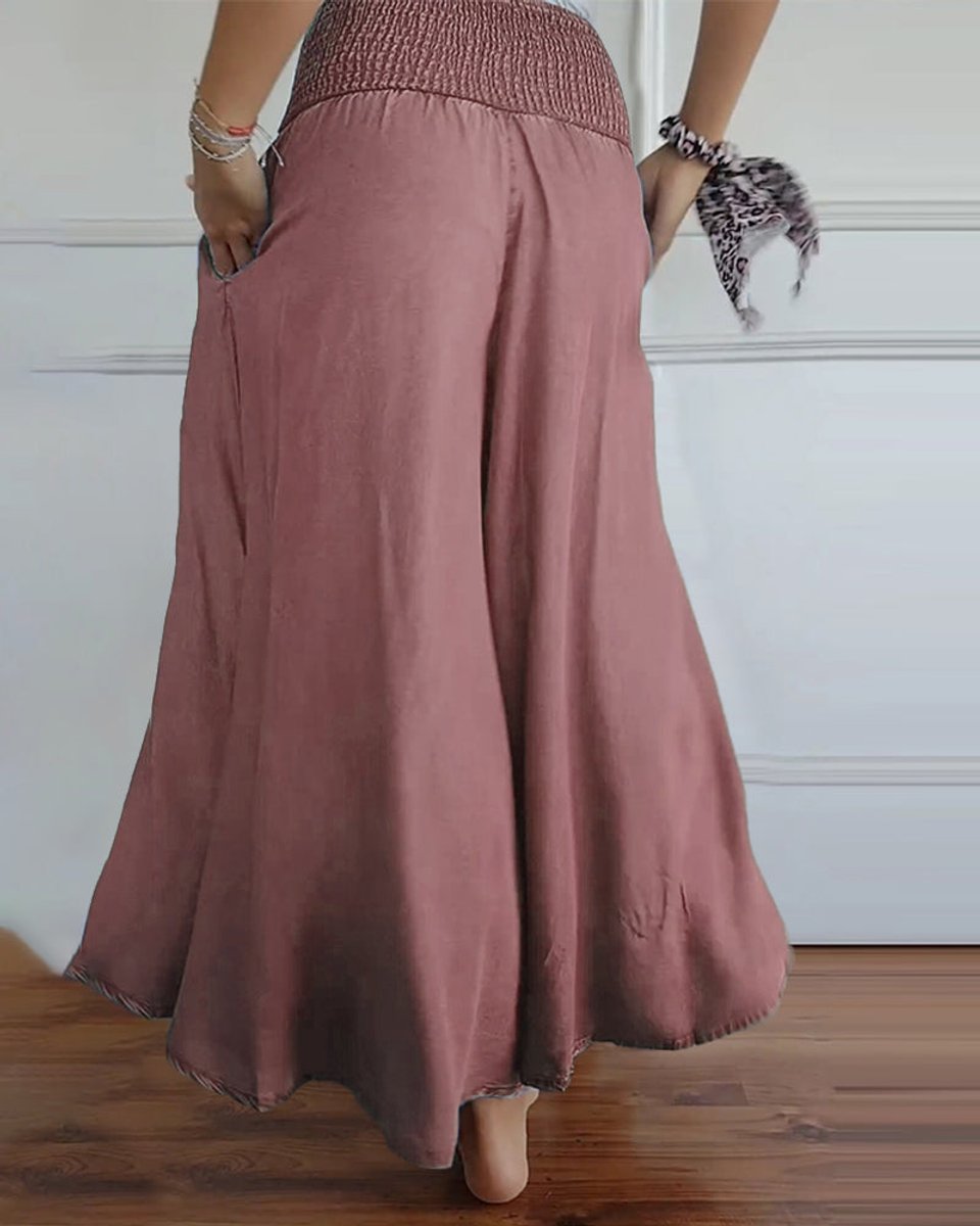Women's High-Waist Smocked Flowy Wide Leg Trousers Full Length