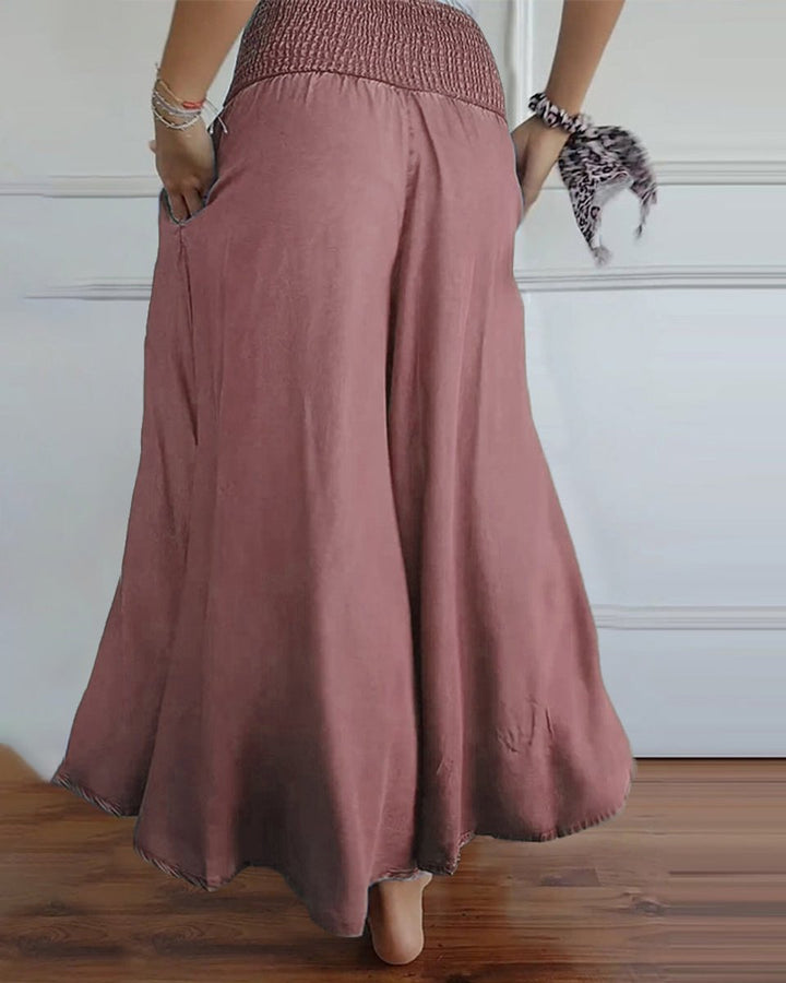 Women's High-Waist Smocked Flowy Wide Leg Trousers Full Length