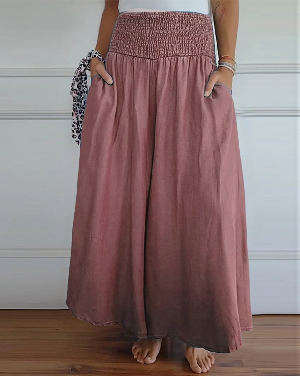 Women's High-Waist Smocked Flowy Wide Leg Trousers Full Length