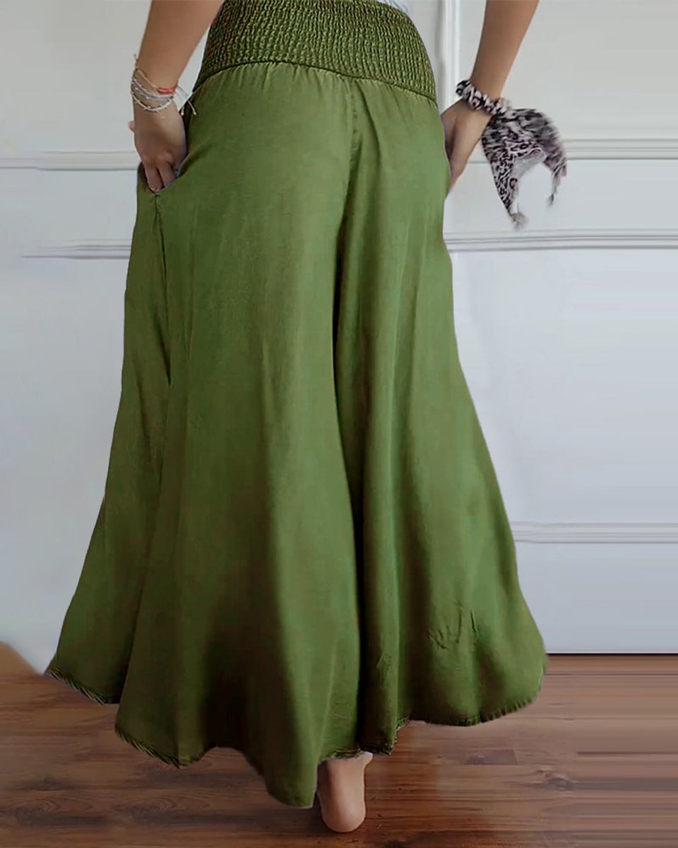 Women's High-Waist Smocked Flowy Wide Leg Trousers Full Length