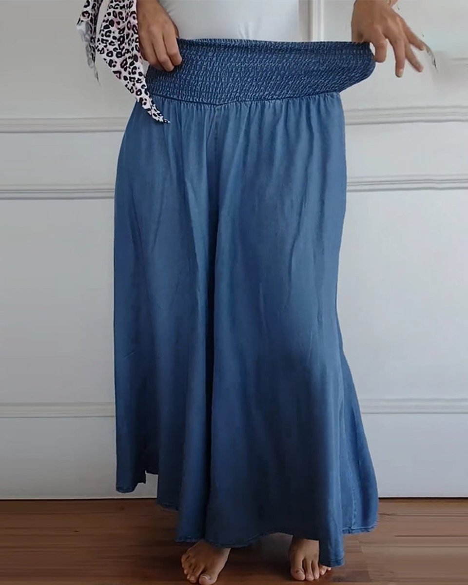 Women's High-Waist Smocked Flowy Wide Leg Trousers Full Length