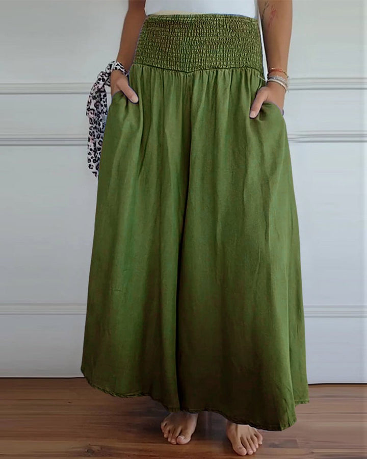 Women's High-Waist Smocked Flowy Wide Leg Trousers Full Length