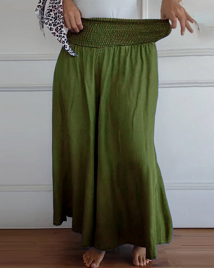 Women's High-Waist Smocked Flowy Wide Leg Trousers Full Length