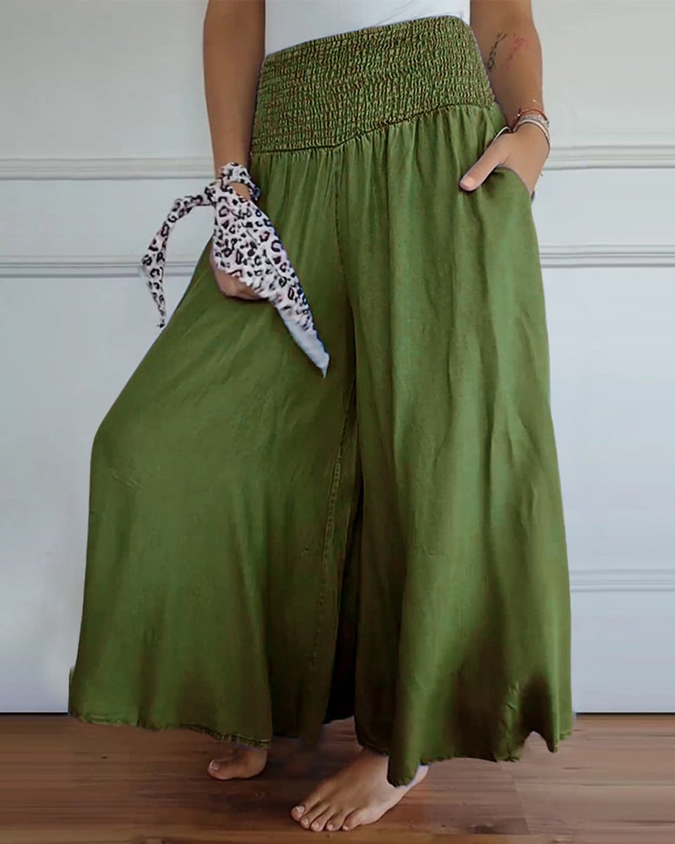 Women's High-Waist Smocked Flowy Wide Leg Trousers Full Length