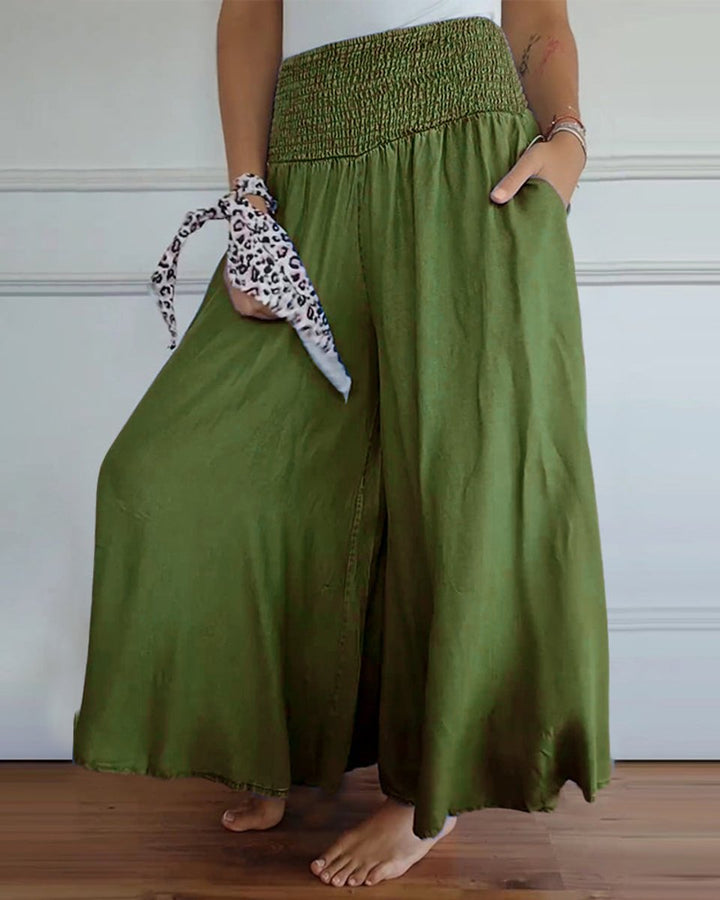 Women's High-Waist Smocked Flowy Wide Leg Trousers Full Length