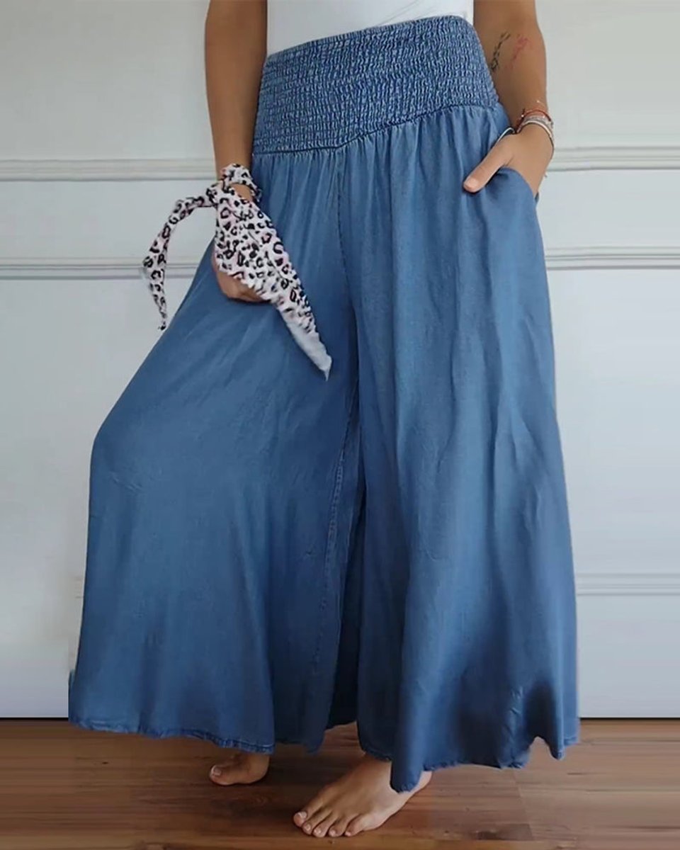 Women's High-Waist Smocked Flowy Wide Leg Trousers Full Length
