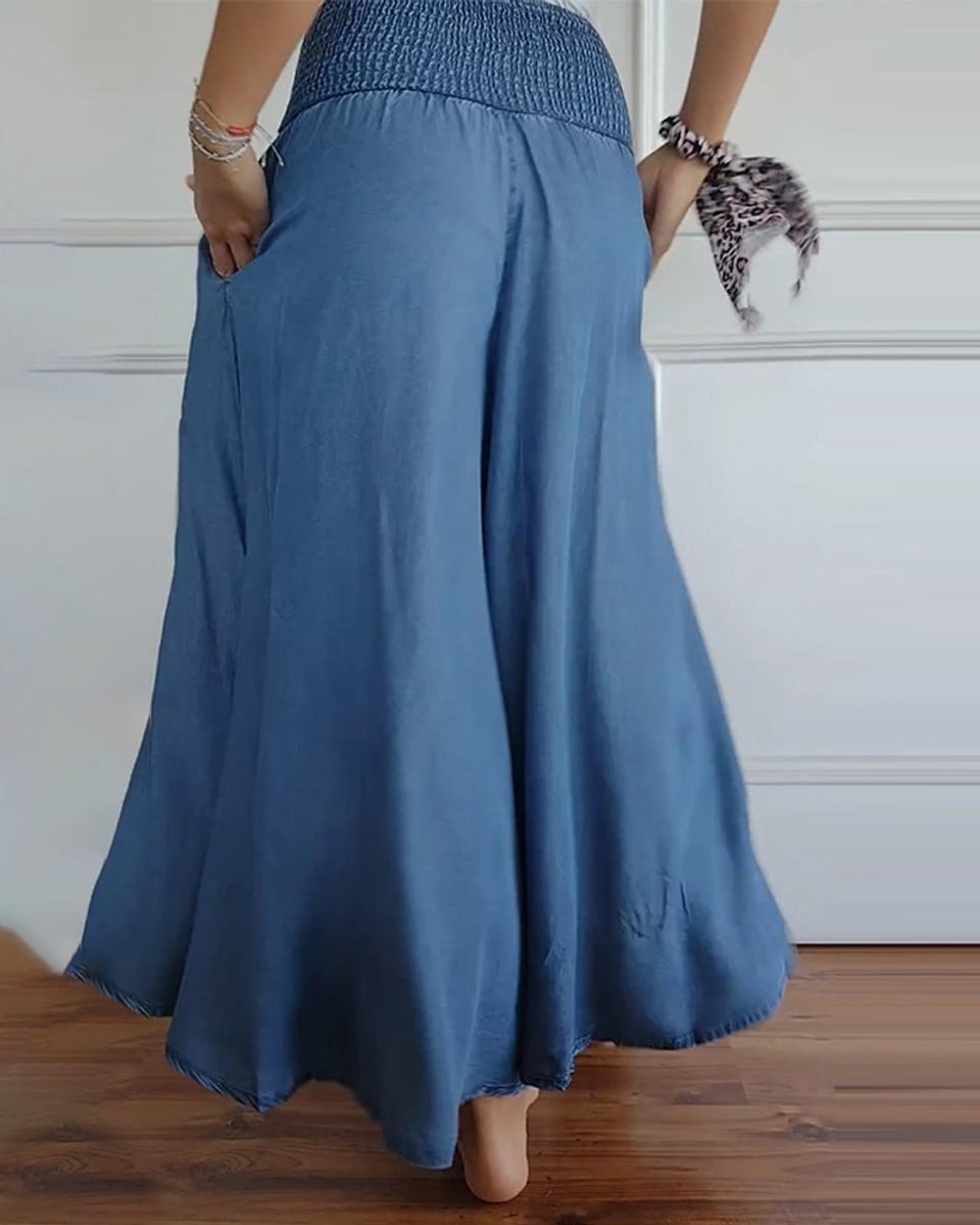 Women's High-Waist Smocked Flowy Wide Leg Trousers Full Length