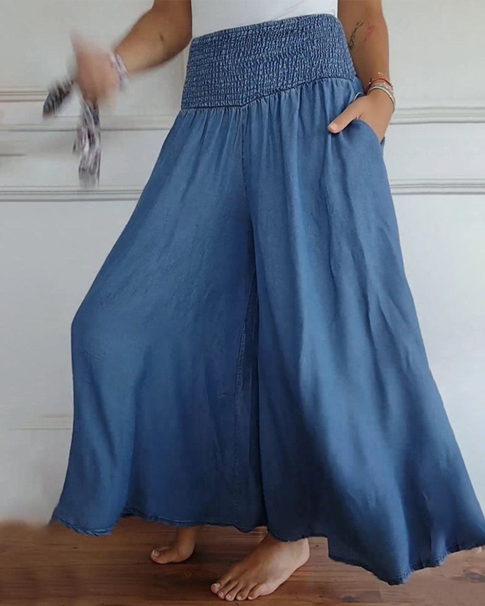 Women's High-Waist Smocked Flowy Wide Leg Trousers Full Length
