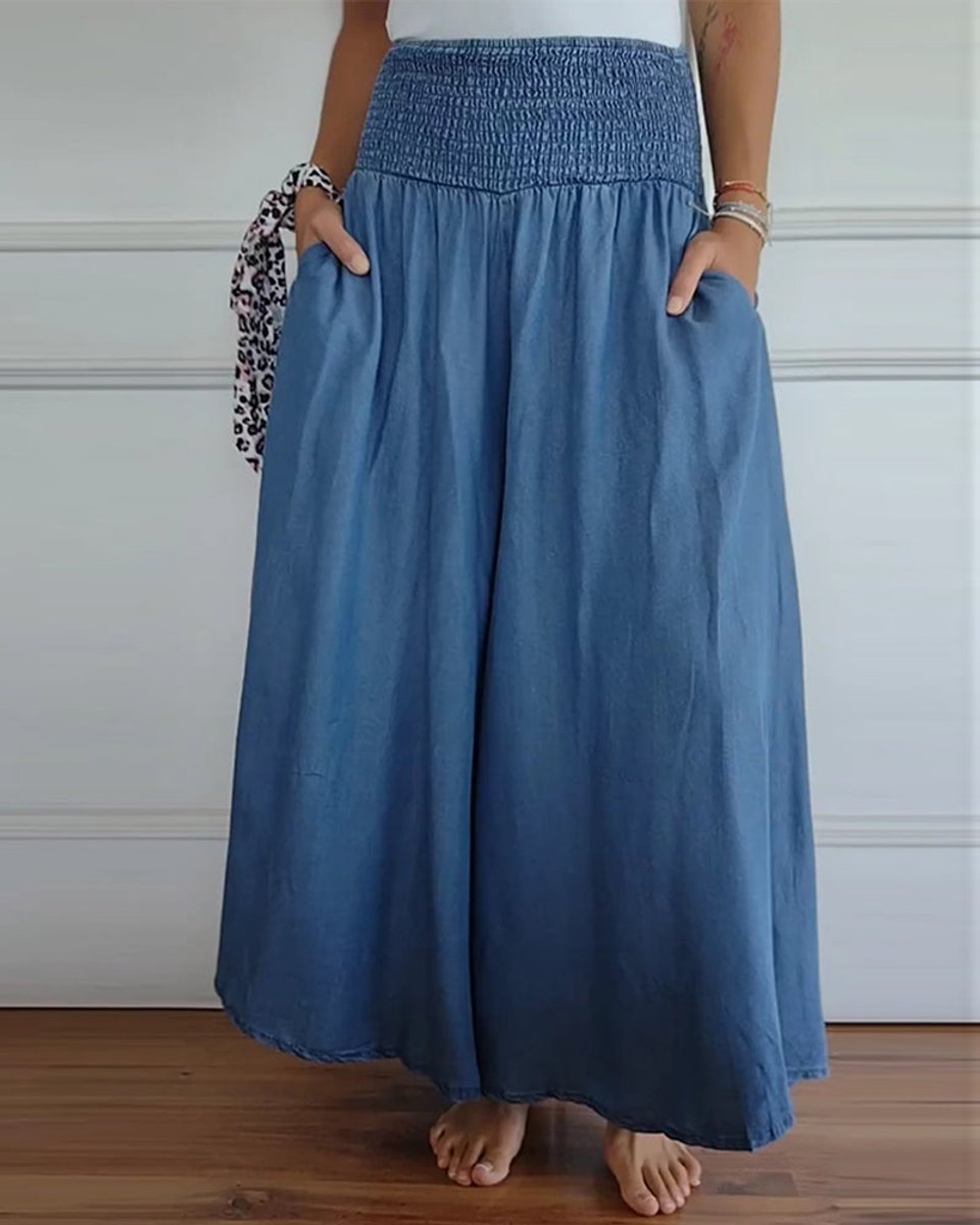 Women's High-Waist Smocked Flowy Wide Leg Trousers Full Length