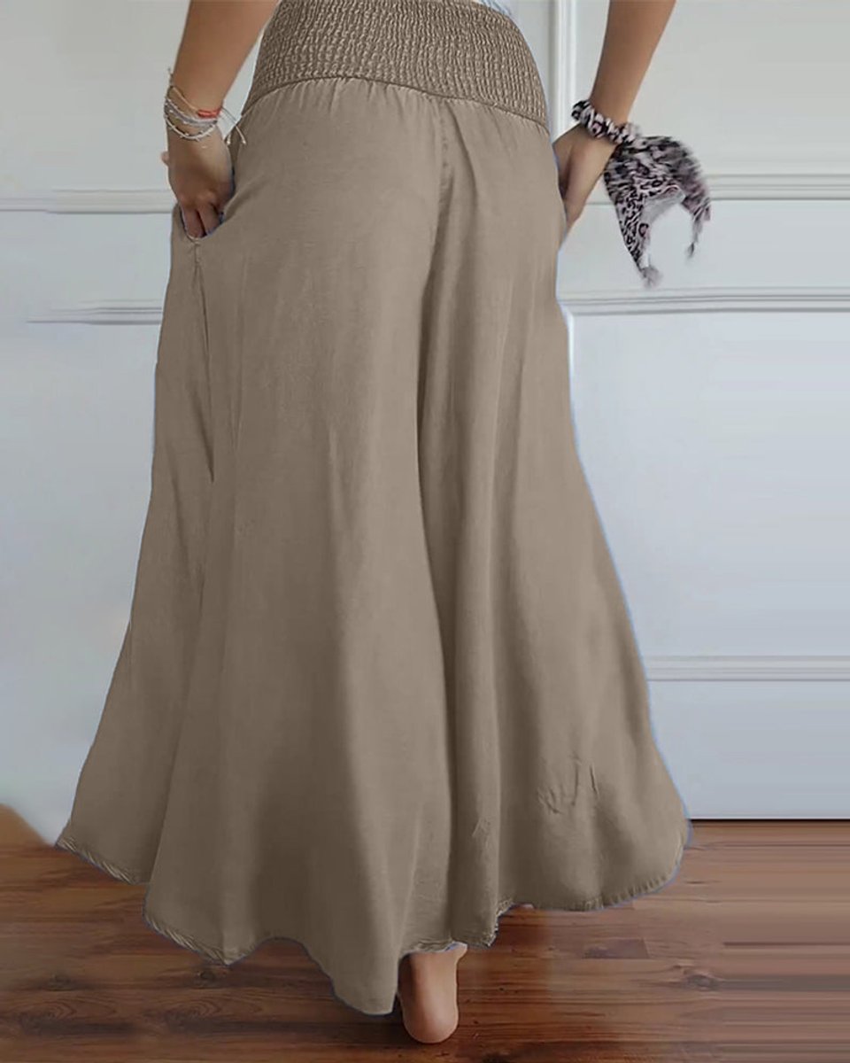 Women's High-Waist Smocked Flowy Wide Leg Trousers Full Length