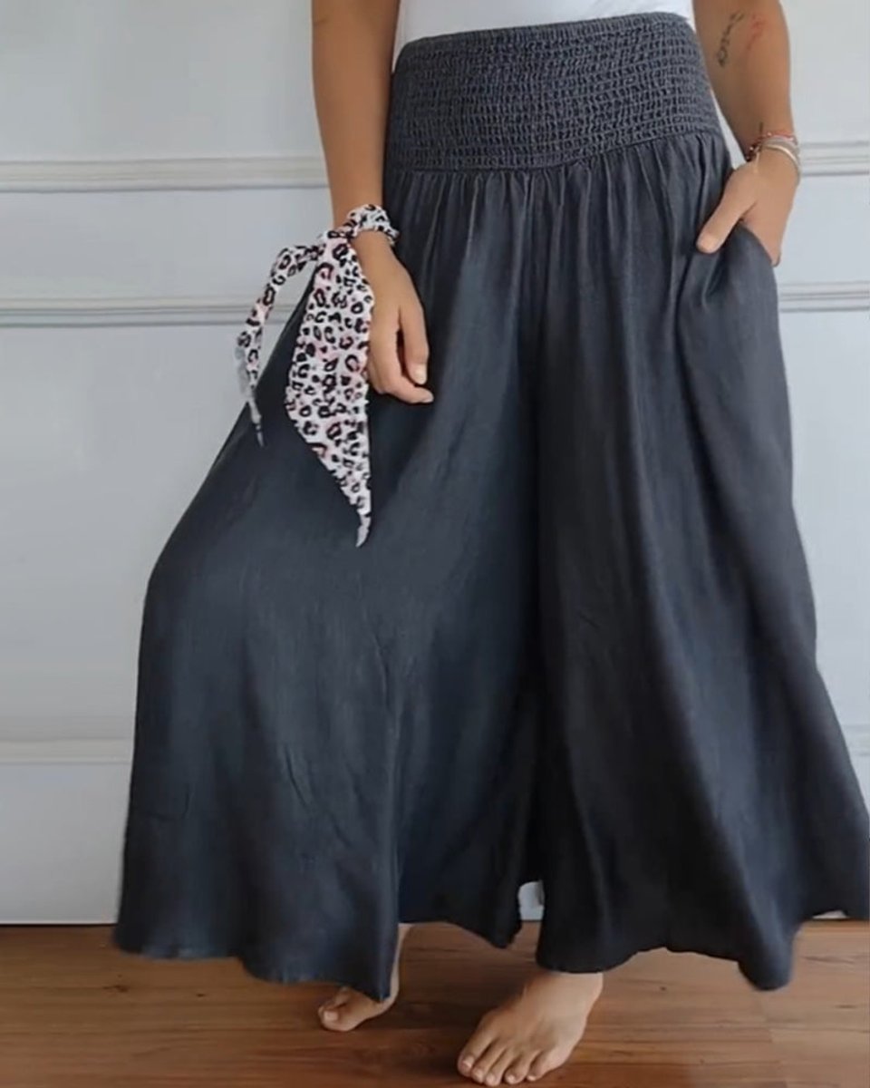 Women's High-Waist Smocked Flowy Wide Leg Trousers Full Length