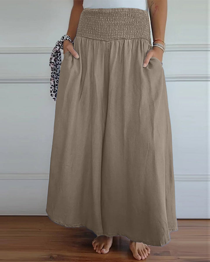 Women's High-Waist Smocked Flowy Wide Leg Trousers Full Length