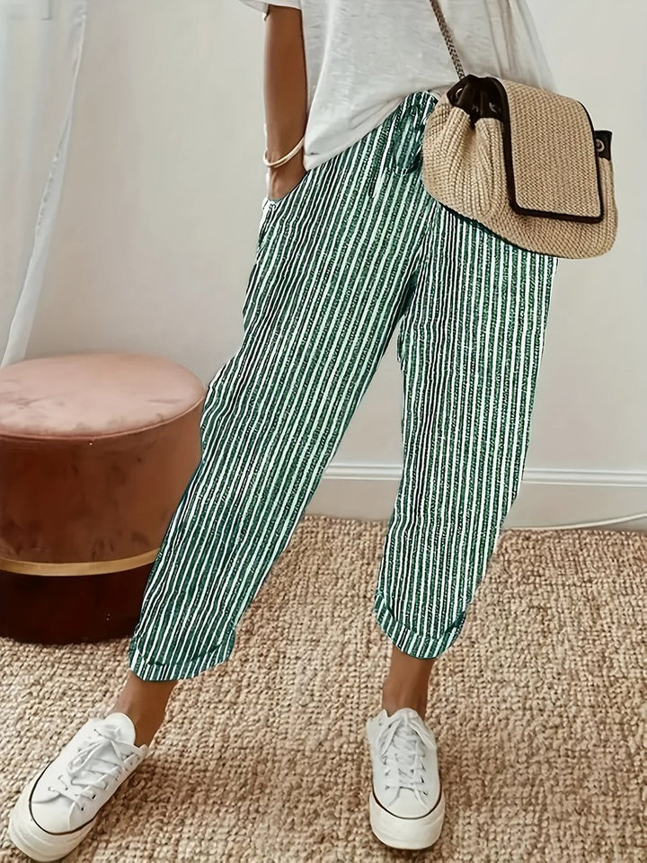 Women's High-Waist Striped Wide Leg Trousers Cropped Casual