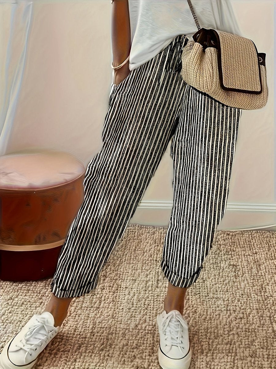 Women's High-Waist Striped Wide Leg Trousers Cropped Casual