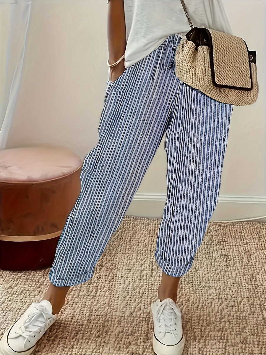 Women's High-Waist Striped Wide Leg Trousers Cropped Casual