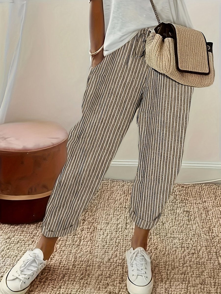 Women's High-Waist Striped Wide Leg Trousers Cropped Casual