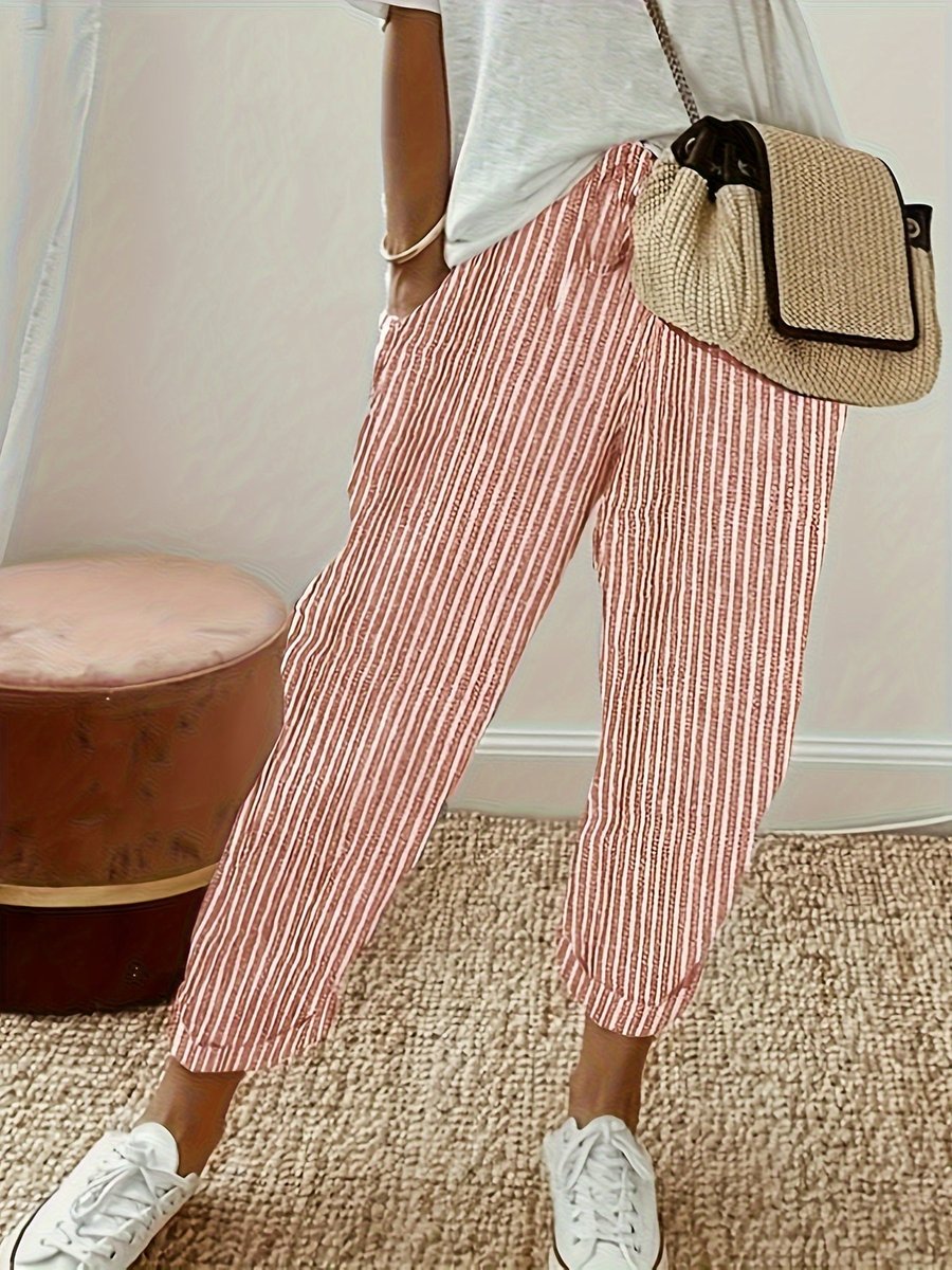 Women's High-Waist Striped Wide Leg Trousers Cropped Casual