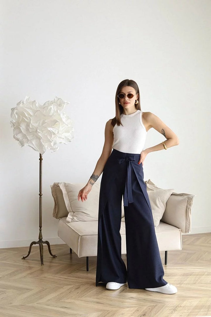Women's High-Waist Tie-Front Linen Blend Wide Leg Trousers