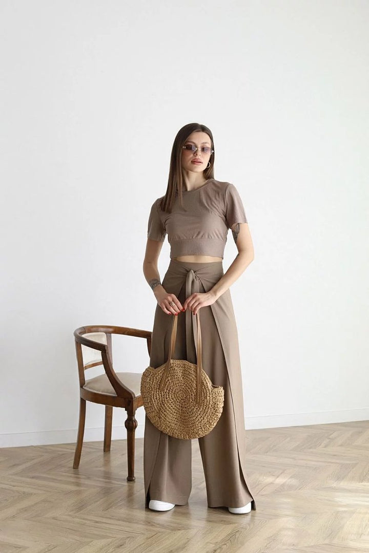 Women's High-Waist Tie-Front Linen Blend Wide Leg Trousers